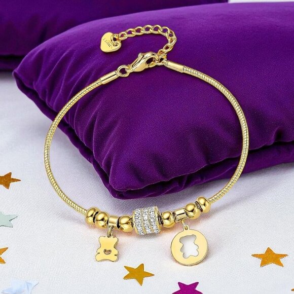 ποΈ18K Gold Plated Bear Charm Bracelet with Sparkling Rhinestones & Beads π«π» - Picture 7 of 13